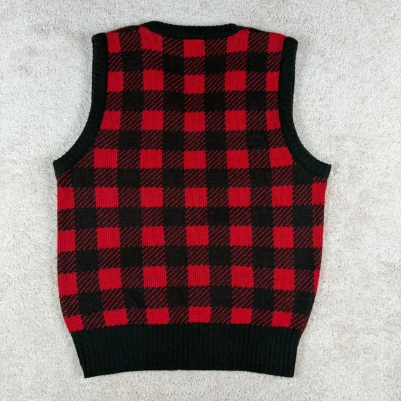 Vintage Campus Orlon Acrylic Sweater Vest Red Black Buffalo Plaid Mens Large USA - Picture 5 of 5